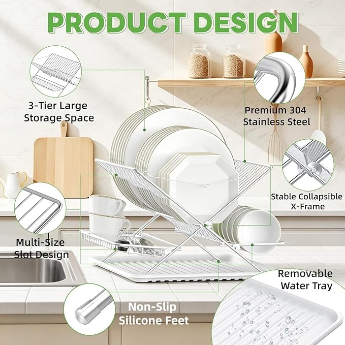 Over The Sink Dish Drying Rack, 3 Tier Large Capacity Stainless Steel Collapsible Foldable Dish Drainer, Space Saving for Kitchen Counter with Utensil Holder and Drainboard (Upgraded)