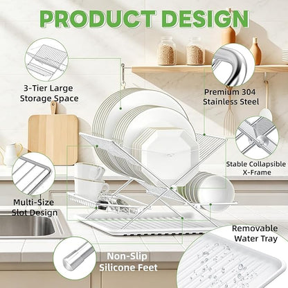 Over The Sink Dish Drying Rack, 3 Tier Large Capacity Stainless Steel Collapsible Foldable Dish Drainer, Space Saving for Kitchen Counter with Utensil Holder and Drainboard (Upgraded)