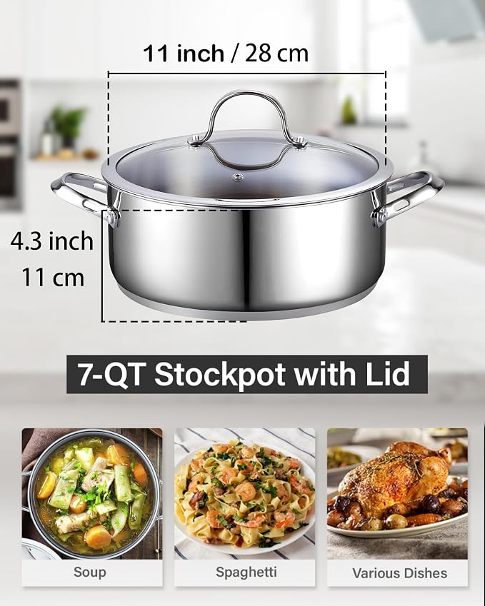 Cooks Standard Classic 7-Quart Stainless Steel Dutch Oven Casserole with Glass Lid, Large Dutch Oven Casserole for Soup, Stew, Chili & Pasta, Compatible with All Stovetops