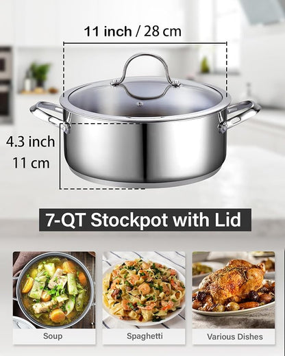 Cooks Standard Classic 7-Quart Stainless Steel Dutch Oven Casserole with Glass Lid, Large Dutch Oven Casserole for Soup, Stew, Chili & Pasta, Compatible with All Stovetops