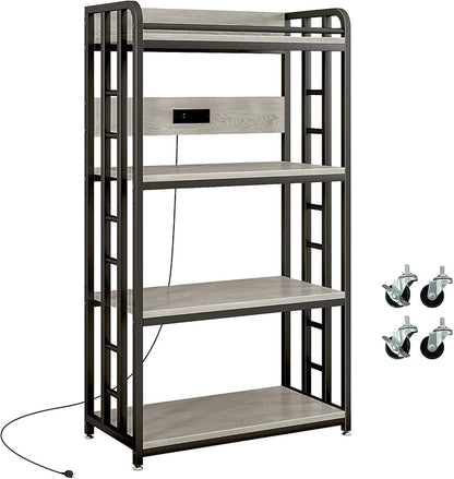 METYERRY Adjustable 4-Tier Heavy Duty Kitchen Baker's Rack with Power Outlet, with Industrial Wheels, Free Standing Microwave Oven Cart Stand for Storage in Living Room, Garage, Greige
