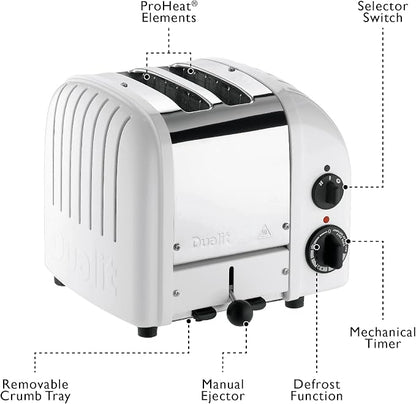 Dualit Classic 2 Slice NewGen Stainless Steel Toaster, White - Hand Built in the UK, Replaceable ProHeat® Elements – Slot Selector, Defrost Bread, Mechanical Timer-For Toast, Bagels & More