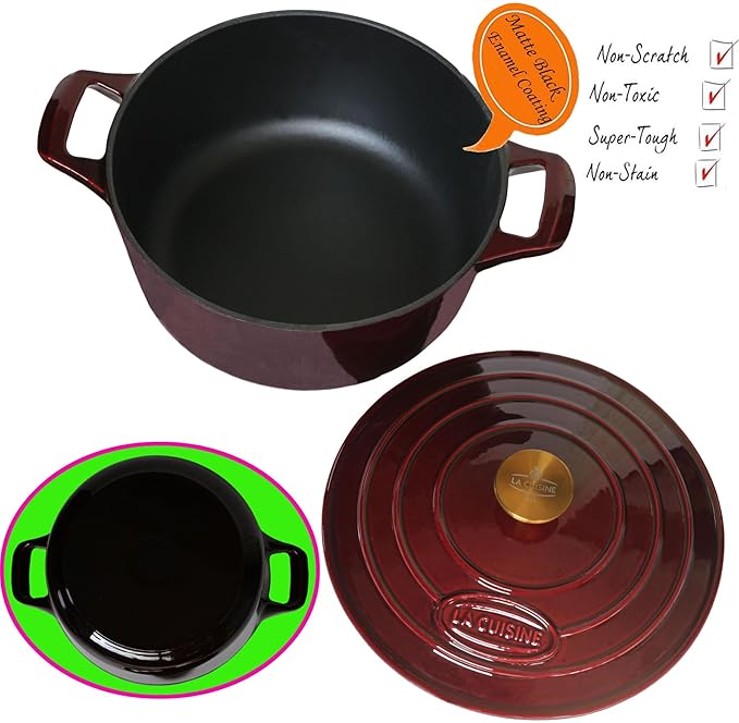 La Cuisine Enameled Cast Iron Dutch Oven Casserole Dish Pot with Lid, 5 QT 10.3“ /26cm Dia. Internal Matt Black Enamel Coating Gold-Plated SS Lid Handle Oven Safe up to 500° F, Cranberry