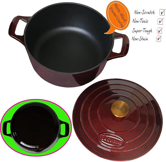 La Cuisine Enameled Cast Iron Dutch Oven Casserole Dish Pot with Lid, 5 QT 10.3“ /26cm Dia. Internal Matt Black Enamel Coating Gold-Plated SS Lid Handle Oven Safe up to 500° F, Cranberry