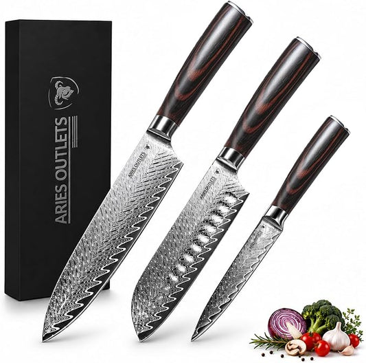 VG10 Damascus Kitchen Knife Set 3PCS, Japanese Chef Knife Set, 67-Layer Forged High Carbon Steel Cooking Knives with Pakkawood Handle Gift Box
