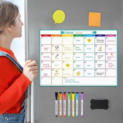 MaxGear Monthly Magnetic Calendar for Fridge, 16" X 12" Fridge Calendar Whiteboard, Reusable Magnetic Dry Erase Calendar White Board Planner for Refrigerator with 7 Fine Point Markers, 1 Eraser
