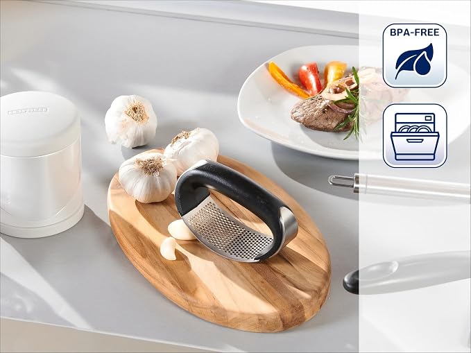 Leifheit Garlic-King Proline Garlic Press Rocker, Time Saving, Durable Strong Mincer Tool - Easy to Use & Clean Crusher, Dishwasher Safe, Kitchen Gadget Smasher, Black/Silver