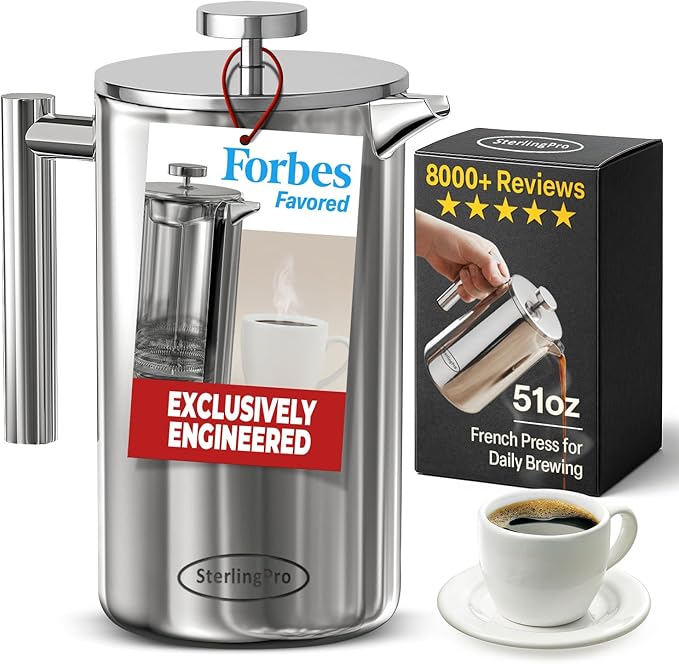 SterlingPro Large Insulated Stainless Steel French Press Coffee Maker 51oz – Insulated Metal Big Double Wall Coffee Maker | Plastic Free | Cool-Touch | Mirror Finish | Makes up to 11 cups / 6 mugs