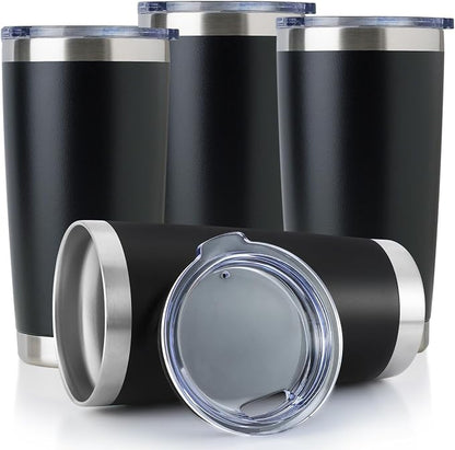 DOMICARE 20oz Stainless Steel Tumbler Bulk with Lid, Double Wall Vacuum Insulated Travel Mug, Powder Coated Coffee Cup, Powder Black, 4 Pack
