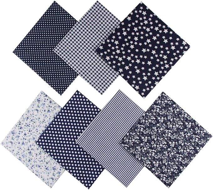 7PCS Different Patterns Printed Cotton Fabric Squares 50 cm x 50 cm Handmade Craft Cloths Bundle for Sewing Patchwork, Quilting, DIY Scrapbooking Tissue (Navyblue)