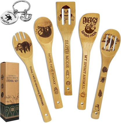 Sloth Gifts for Women - 6PCS Unique Print Bamboo Spoons Set With Keychain, Kitchen Decor for Mom, Best Friend