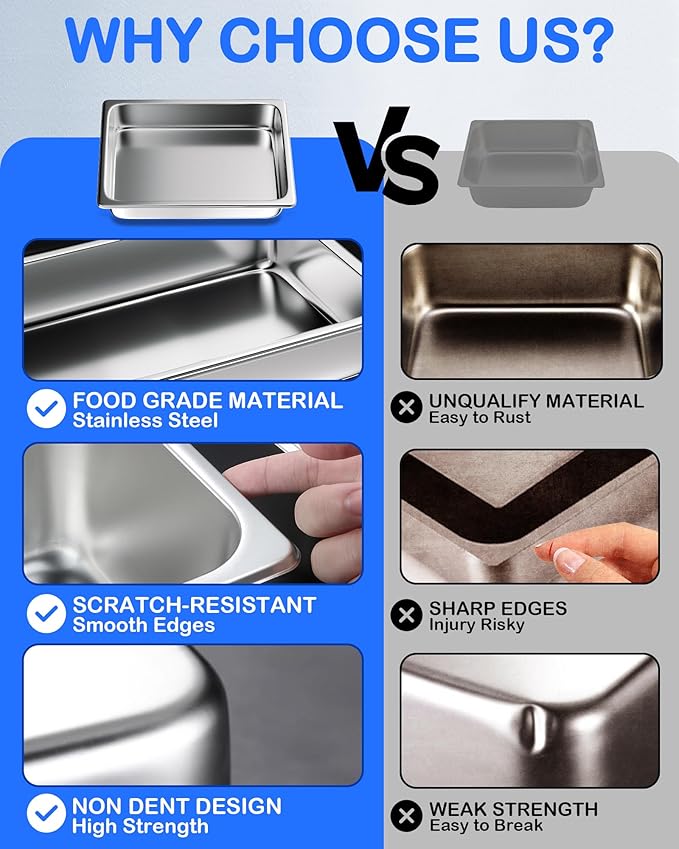 WantJoin Steam Table Hotel Pans - 1/2 Half Size 4 Inch Deep 6 Pack, Stainless Steel Food Storage Container Metal Tray Sets for Commercial Chafing Dishes Restaurant Buffet Catering Supplies