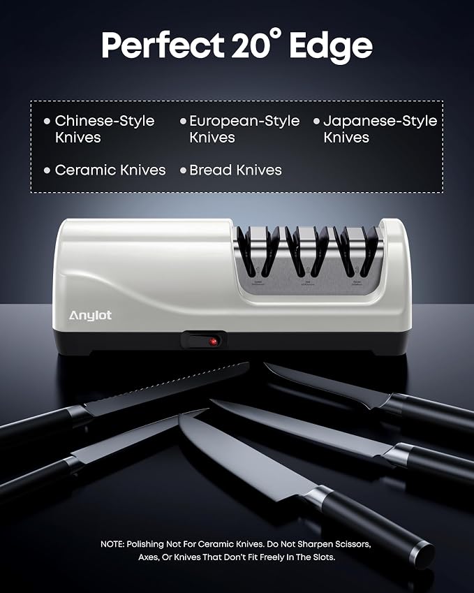 Kitchen Electric Knife Sharpener, 3-Stage Diamond Knife Sharpener Electric with 20° Precision Angle Guide, Fast & Safe Sharpening for Kitchen Knives, Home Use & Beginners (White)