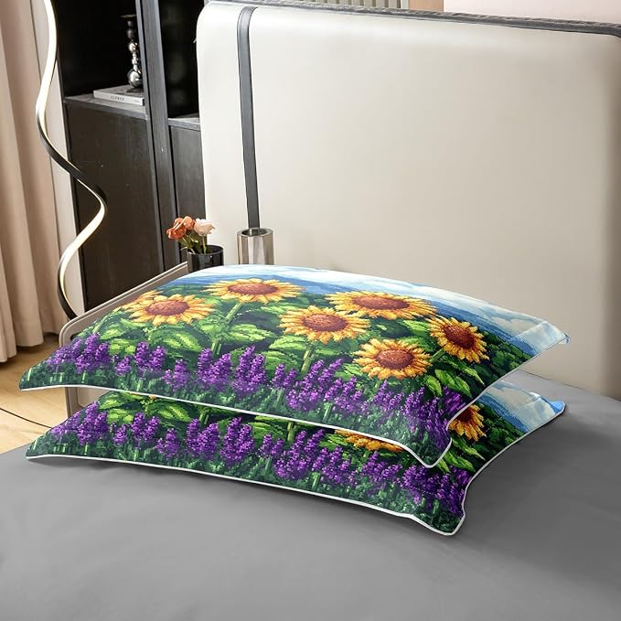 Castle Fairy Sunflower 100% Organic Cotton Comforter Cover (Not Comforter) Pixelated Style Duvet Cover Set Queen Size for Bedroom Video Games Bedding Set with 2 Pillowcases