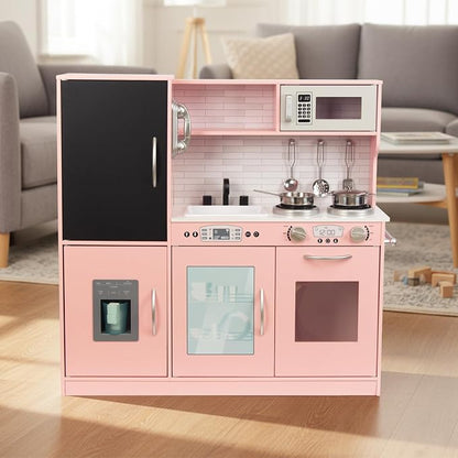 Kitchen Playset for Kids Ages 3-8, Wooden Kids Play Kitchen Chef Pretend Play Set for Toddlers, Toys Kitchen with Toy Food & Cookware Accessories