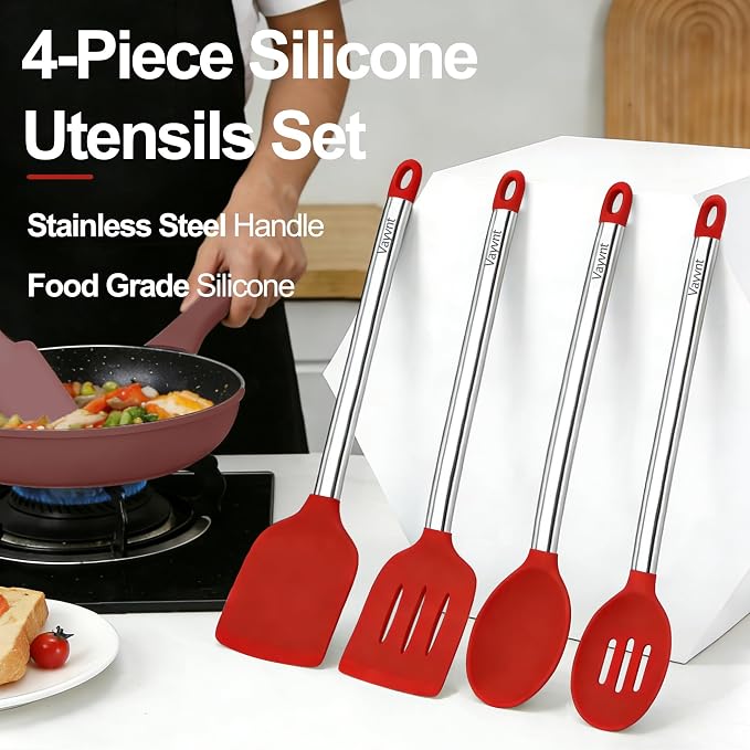 Vayvnt 4 PCS Silicone Kitchen Utensils, Large Cooking Utensils Set for Nonstick Cookware, Silicone Spatula Set Includes Spoons and Turners, Kitchen Essentials for Cooking, Dishwasher Safe, Red