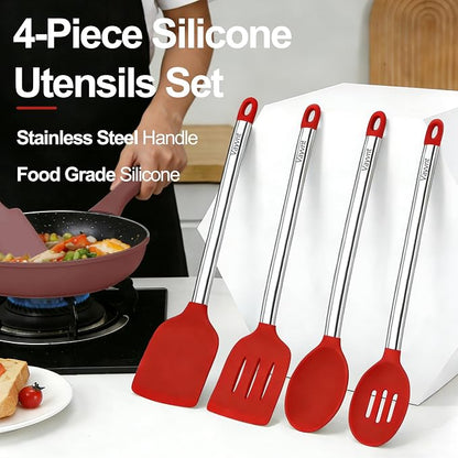 Vayvnt 4 PCS Silicone Kitchen Utensils, Large Cooking Utensils Set for Nonstick Cookware, Silicone Spatula Set Includes Spoons and Turners, Kitchen Essentials for Cooking, Dishwasher Safe, Red