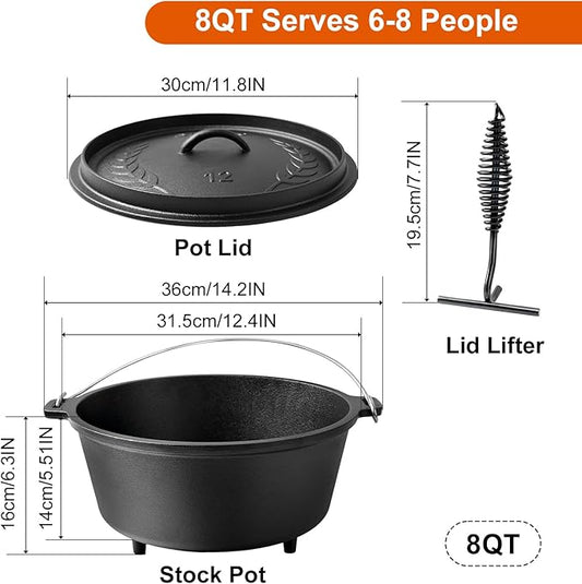 Pre-Seasoned Cast Iron 8QT Camp Dutch Oven with Lid, Large Camping Dutch Oven Pot, incl. Lid Lifter - Dual Handles - for Outdoor Campfire, Grill, Oven & Stovetop Cooking-Black