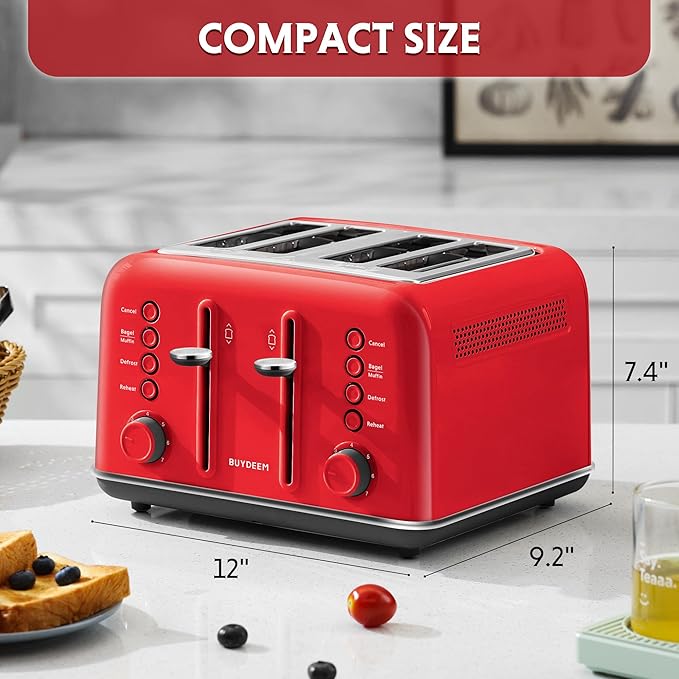 BUYDEEM DT640 4-Slice Toaster, 7 Shade Settings, Extra Wide 1.5’’ Slots for Bagel & English Muffin, 6 Toasting Functions, Retro Stainless Steel Toaster with High Lift Lever, 1800W, Red