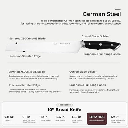 WICKWILLOW 10-Inch Serrated Bread Knife - German X50CrMoV15 Steel, Full Tang, Razor-Sharp Wavy Edge for Sourdough, Artisan Bread, Bagels, Cakes & Sandwich Loaves - Gift Boxed for Home Bakers