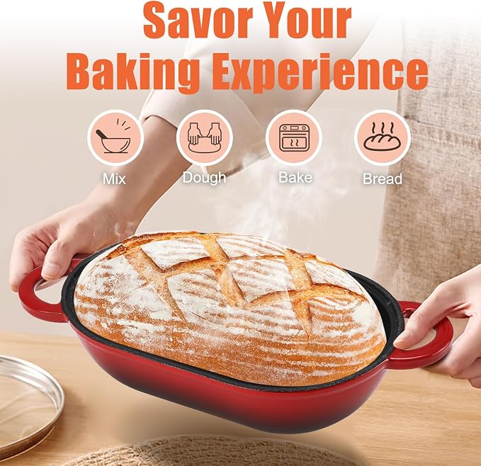 Enameled Cast Iron Oval Dutch Oven Pot with Lid, 5 QT Dutch Oven for Sourdough Bread Baking, Bread Loaf Pan with Lid & Bread Oven (Red)