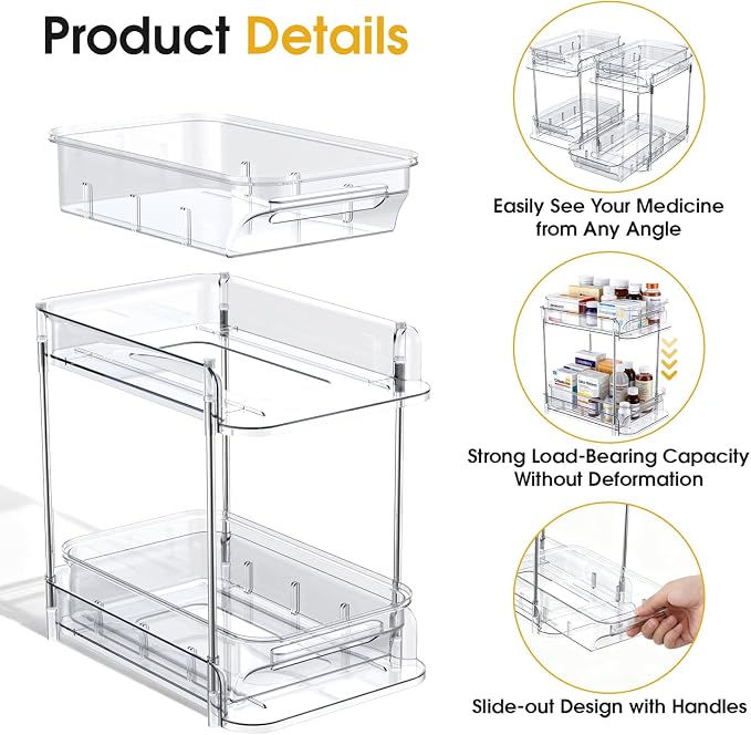 2 Pack Medicine Cabinet Organizer with Dividers, Medicine and Vitamin Bottle Storage, MultiUse Pull-Out Under Sink Organizer Storage Container, Suitable for Cabinets, Bathrooms, Dressing Tables,Pantry