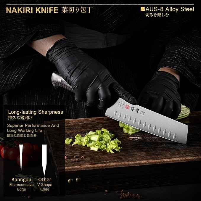 kanngou 7 Inch Nakiri Knife Japanese Cleaver Knife, Japan AUS-8 Alloy Steel Kitchen Chopping Knife with Full-Tang Pakkawood Handle and Premium Gift Box (Classic Series)