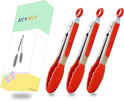 HINMAY 7-Inch Mini Silicone Tongs Small Serving Tongs for Appetizers, Set of 3 (Red)
