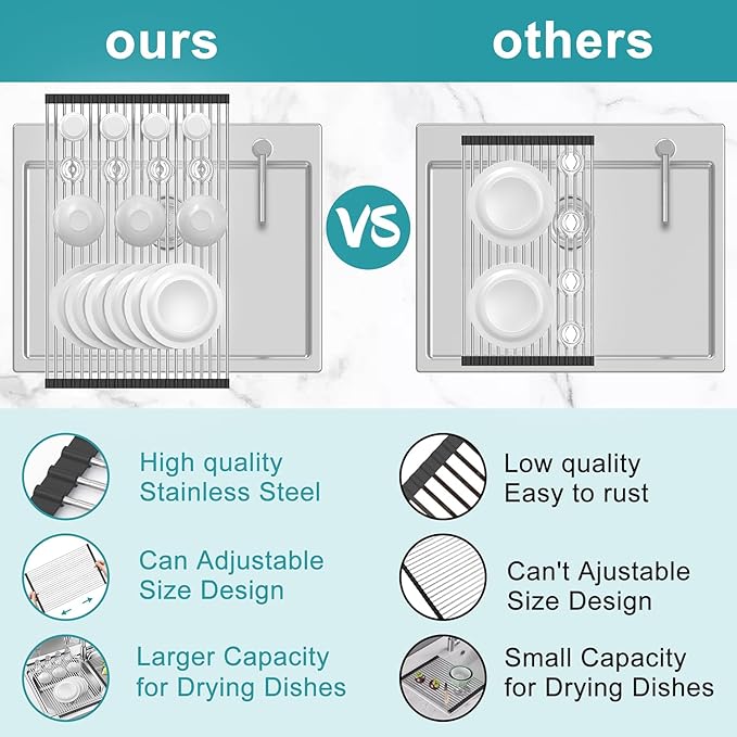 BBXTYLY Extra Large Expandable Roll Up Dish Drying Rack,Over The Sink Drying Rack Sink Cover Kitchen Sink Accessories Kitchen Rolling up Stainless Steel Drainer, Foldable,Rollable（Black，22.8''-12.4''）