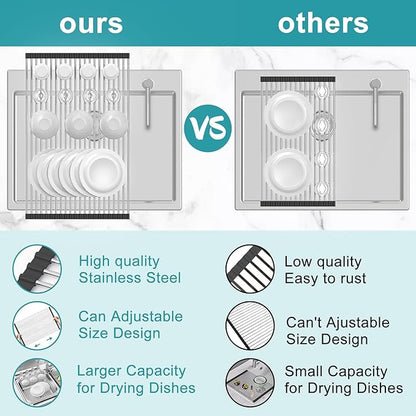 BBXTYLY Extra Large Expandable Roll Up Dish Drying Rack,Over The Sink Drying Rack Sink Cover Kitchen Sink Accessories Kitchen Rolling up Stainless Steel Drainer, Foldable,Rollable（Black，22.8''-12.4''）
