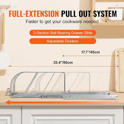 VEVOR Pan and Pot Rack, Expandable Pull Out Under Cabinet Organizer, Cookie Sheet Baking Pans tray Organization, Adjustable Wire Dividers, Steel Lid Holder for Kitchen Cabinet & Pantry Storage, 11.7"W