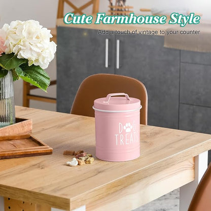 OUTNILI Pink Small Dog Treat Container Airtight - 6" Tall X 4.9" Round Pink Dog Treat Jar for Kitchen Counter - Rustic Treat Storage Canister for Dogs, Cats, Small Animals - Gifts for Pet Owners