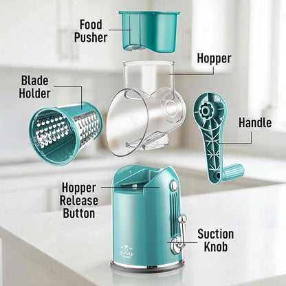 Zulay Kitchen Rotary Cheese Grater 5 Blade Cheese Shredder - Manual Hand Crank Cheese Grater With Reinforced Suction & 5 Interchangeable Drums - Easy to Use, Vegetable Chopper Round Mandoline Slicer