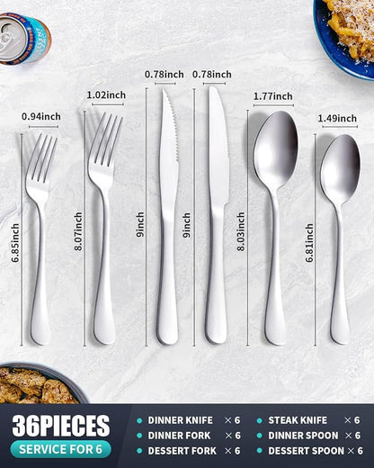 Matte Gold Silverware Set with Steak Knives,Stainless Steel Flatware Set for 6,Modern Cutlery Utensils Set,Spoons and Forks Set for Restaurant,Dishwasher Safe (Silver, 36 Piece Set)