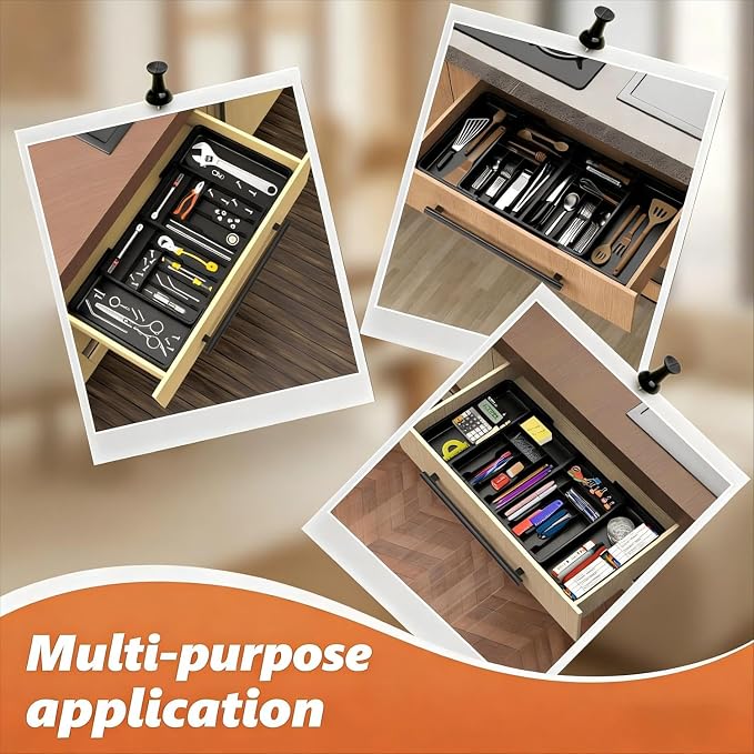 Utensil Organizer for Kitchen Drawer, Expandable Cooking Silverware Tray,Large Silverware Drawer Organizer，Plastic Spatula Tools Storage Divider, 21.6-38", Black