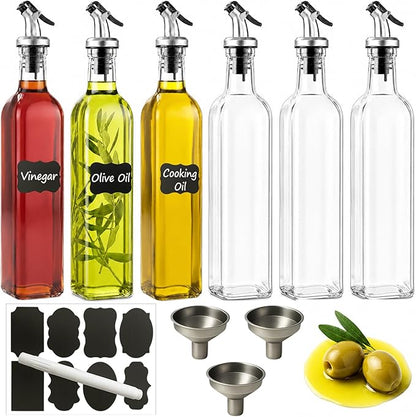 WERTIOO 6 PACK Glass Olive Oil Dispenser Bottle, 17 OZ/500ml Oil Dispenser for Kitchen with 6 Pourer, 3 Stainless Steel Funnel & 1 Pen and 8 Label for Kitchen
