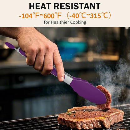 Tongs for Cooking, 600ºF High Heat-Resistant Stainless Steel Kitchen Tongs with Silicone Tips, Non Scratch, Locking Tong for BBQ Grilling Air Fryer Food Salads, Set of 2 (9" and 12") Purple