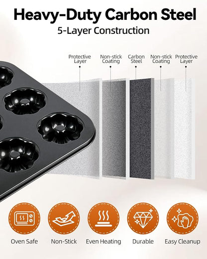 2 Pack Mini Bundt Cake Pans for Baking, 12-Cavity Nonstick Mini Bundtlette Baking Mold, Heavy-Duty Carbon Steel, Oven-Safe to 450℉ Versatile Fluted Bake Pan for Muffins, Brownies, Cupcakes, Mini Cakes