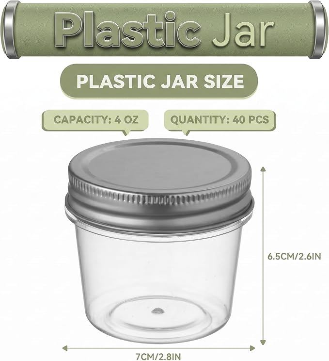 novelinks 4 oz Small Plastic Jars with Lids, 40 Pack Mini Plastic Mason Jars with Lids 4oz, Craft Storage Containers & Canning Jars & Small Spice Jars for Kitchen Organization (40 Pack,Silver)
