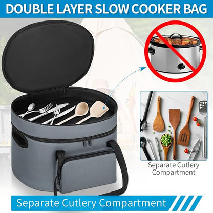 Double Layer Slow Cooker Travel Bag Compatible with 6, 7, 8 Quart Crock-Pot, Insulated Travel Carrier with Easy to Clean Lining, Grey
