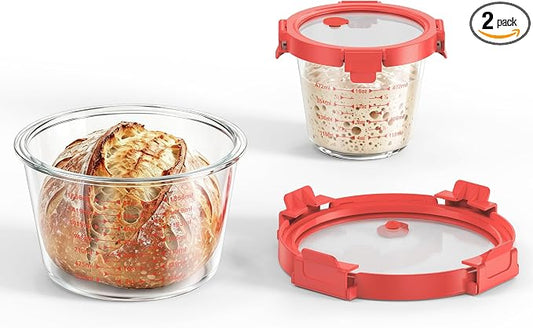 GENICOOK Sourdough Starter & Fermentation Jar Set, 2-Piece Borosilicate Glass Containers with Airtight Lids & Vent Plugs (24oz & 71oz), Wide Mouth Measuring Jars for Dough Mixing, Proofing & Baking