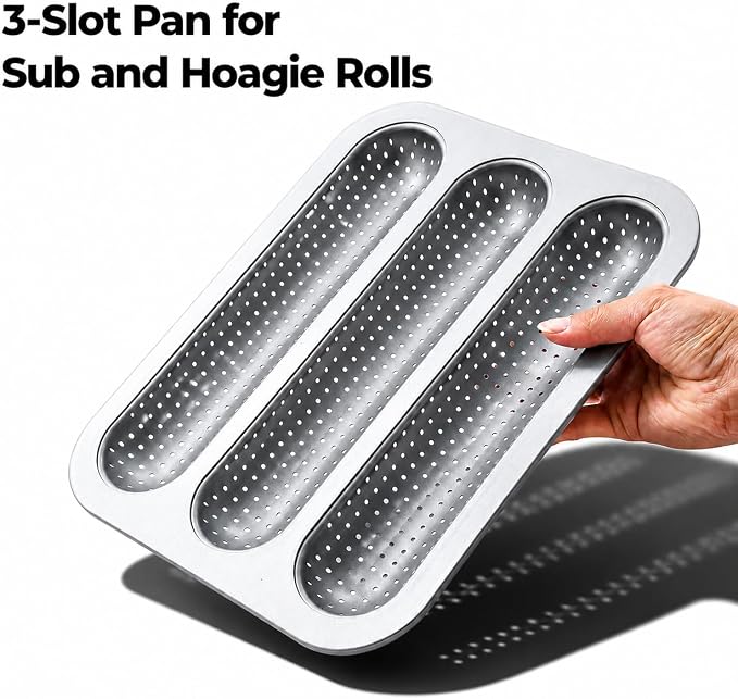 Metal Sub Roll & Hoagie Roll Baking Pan 12 inch, 3-Slot Perforated French Bread & Mini Baguette Pan, Nonstick Carbon Steel Bread Baking Tray for Homemade Subs & Sandwich Rolls