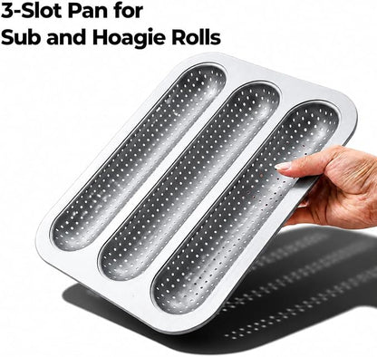 Metal Sub Roll & Hoagie Roll Baking Pan 12 inch, 3-Slot Perforated French Bread & Mini Baguette Pan, Nonstick Carbon Steel Bread Baking Tray for Homemade Subs & Sandwich Rolls