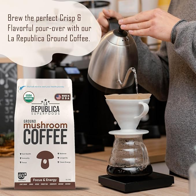 La Republica Organic Mushroom Coffee Ground 2-Pack (120 servings) made w/Shade Grown Arabica Coffee Beans, Lion's Mane, Reishi, Chaga, Cordyceps, Turkey Tail & More I USDA Non-GMO Fairtrade Low Acid