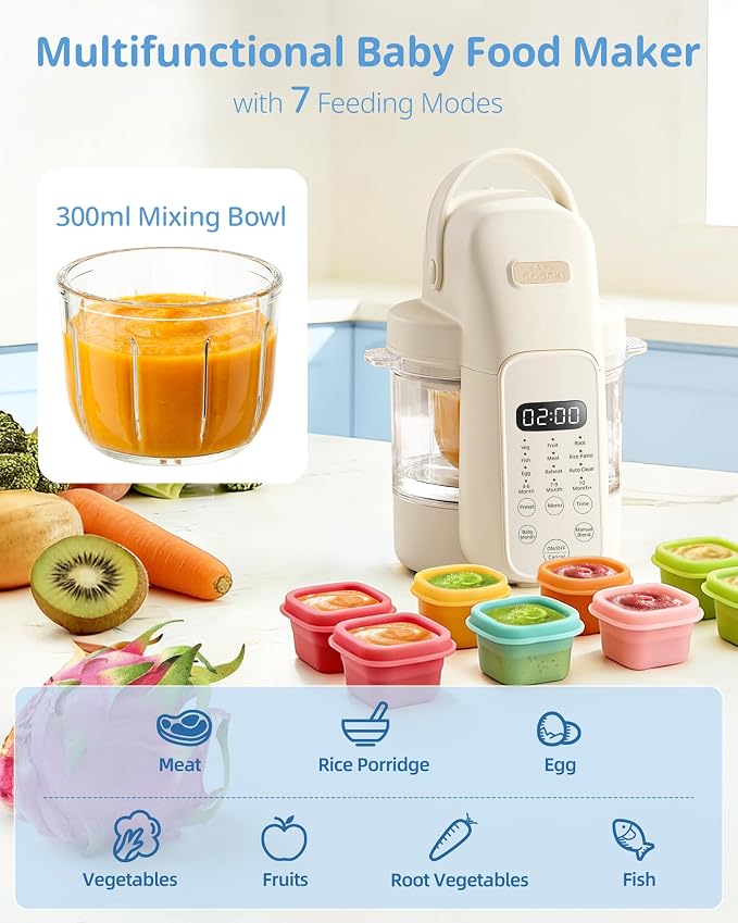 SosekiBaby FM01 Baby Food Maker with Glass Bowl One Step Baby Blender-Food Processor and Steamer Puree Grinder 316L Stainless Steel Blades Auto Cooking & Easy Cleaning-BPA-Free Ivory