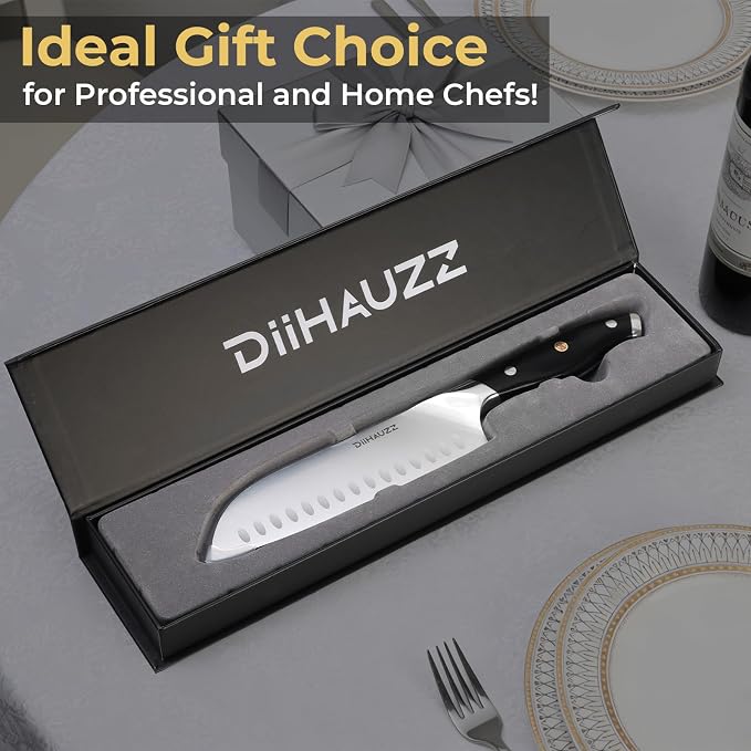 DiiHAUZZ Chef Knife, 7 Inch Ultra Sharp Japanese Santoku Knife, High Carbon Steel Forged Professional Kitchen Knife with Full Tang Triple-Riveted Ergonomic Handle for Slicing, Chopping, Dicing