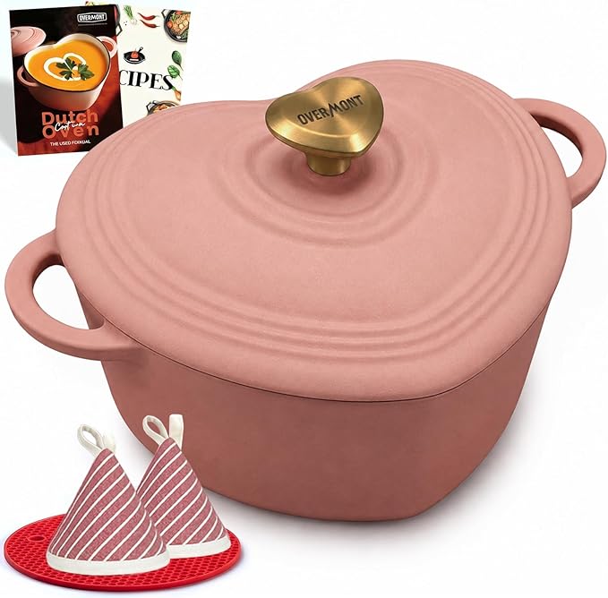 Overmont Heart-Shaped Enameled Cast Iron Dutch Oven, 2QT Pink Mini Pot with Lid for Cozy Meals, Soups & Small Batch Baking, Cute Kitchen Cookware Gift for Wedding, Housewarming & Birthday