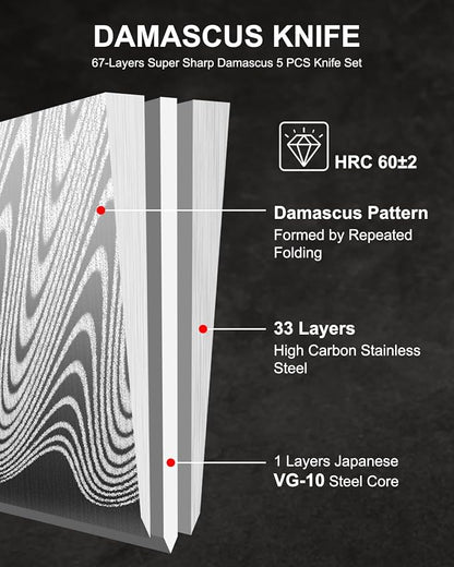 5 Pieces Damascus Knife Set, Japanese Chef Knife Set with Galaxy Pattern Resin Handle, 67-Layers Damascus Steel, Gift Box Included 5" Paring, 6" Boning, 7" Santoku, 8" Chef & 8" Bread Damascus Knives