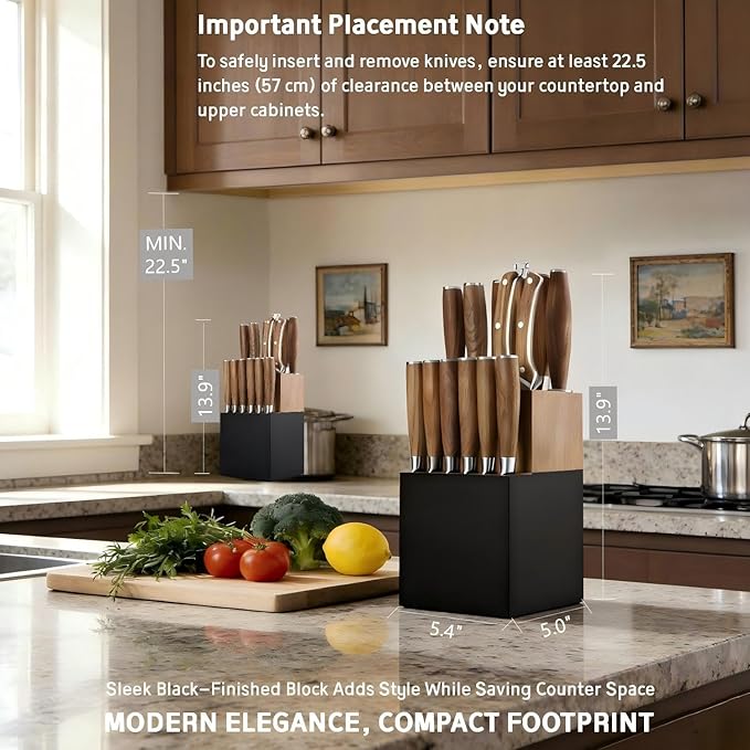 Kangdelun Ultra Sharp 15-Piece Kitchen Knife Set, High Carbon Stainless Steel Blades, Torrefied Brown Wood Handles, Ergonomic Design, Space-Saving Black-Finished Wood Block, Easy Hand Wash, Gift Box