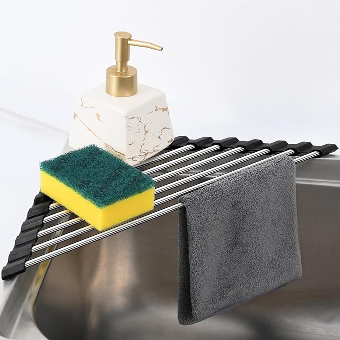 Triangle Dish Drying Rack for Sink Corner, 18/8 Stainless Steel with Thickened Silicone Edge, Roll-Up Space Saving Sink Caddy, Non-Slip Sponge Holder & Drainer Mat for Kitchen Counter